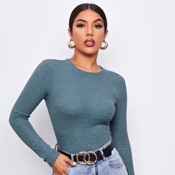 Dusty Blue Round Next Rib-Knit Solid Tee - Picture 1 of 10